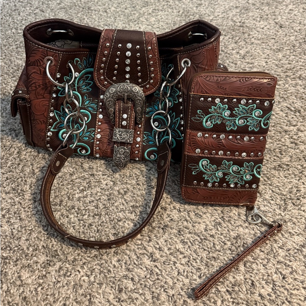 Western Turquoise and Brown Purse with matching wallet